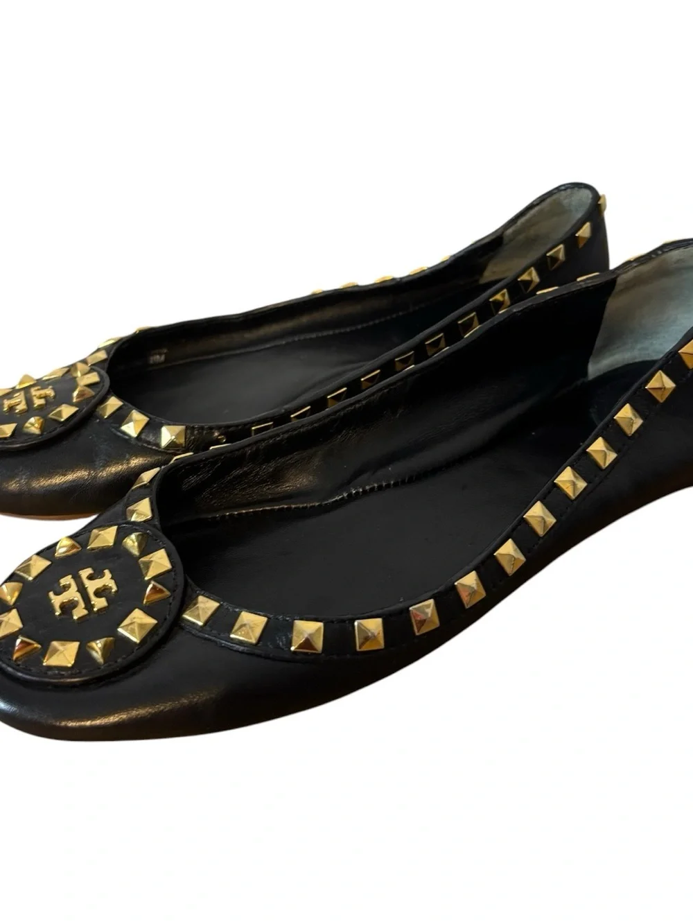 Tory Burch Studded Logo Ballet Flat Shoes Black Leather Size 8 M